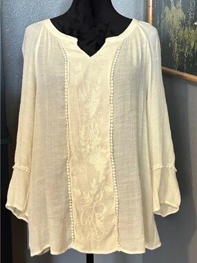 Zac & Rachel Embroidered Boho Sheer Peasant Blouse - Size XL